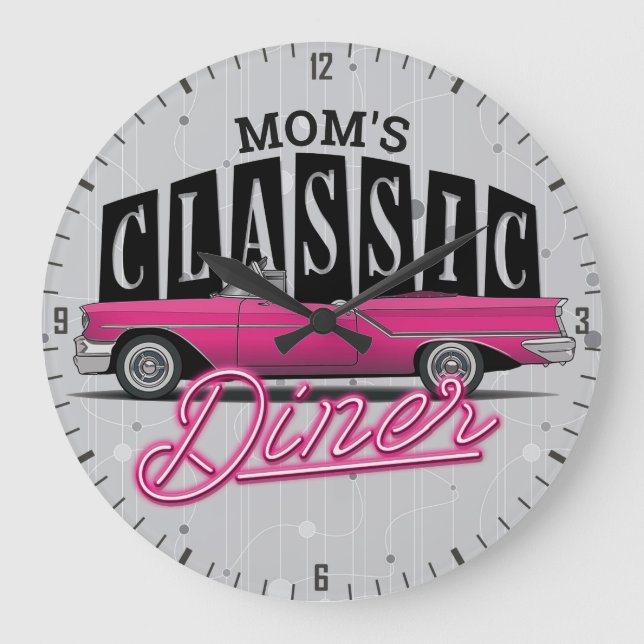 Mom's Diner Custom Name Faux Neon 50's Classic Car Large Clock (Front)