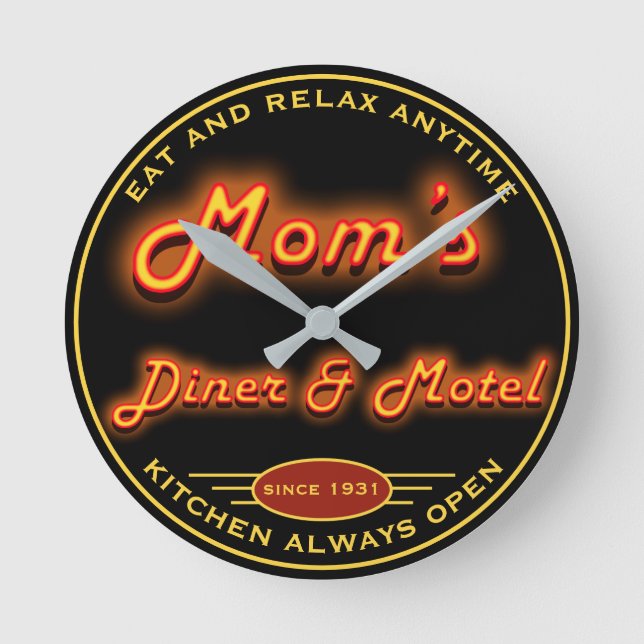 Mom's Diner & Motel Fun Faux Neon Any Slogan - Round Clock (Front)