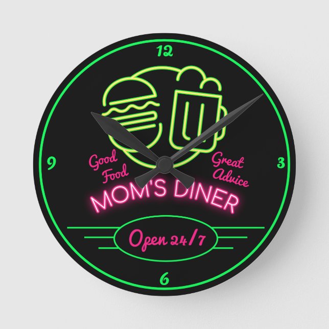 Mom's Diner Open 24/7 Retro Fifties Neon Effect Round Clock (Front)