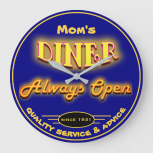 Mom's Diner or Any Name Neon Look Navy Blue - Large Clock