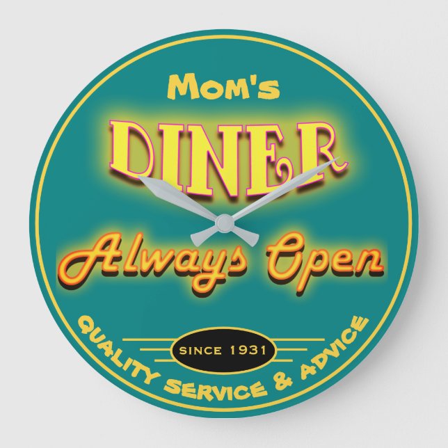 Mom's Diner or Any Name Neon Look Teal - Large Clock (Front)