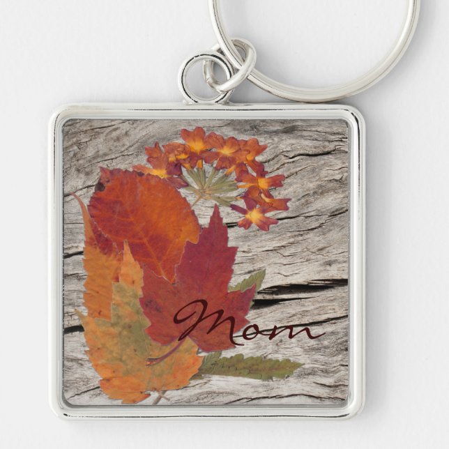Mom's Dried Autumn Leaves and Flowers Keychain (Front)