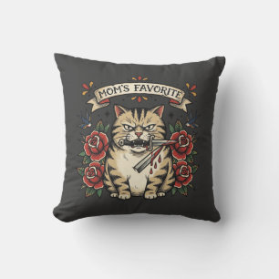 Moms Favourite Cat Dagger Rose Traditional Tattoo Outdoor Pillow