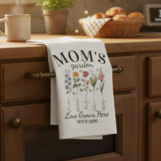 Mom's Garden Love Grows Here Watercolor Floral Kitchen Towel