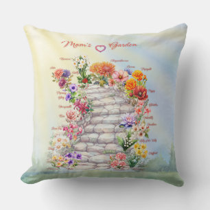 Mom's Garden of Her Children by Birth Flower Throw Pillow
