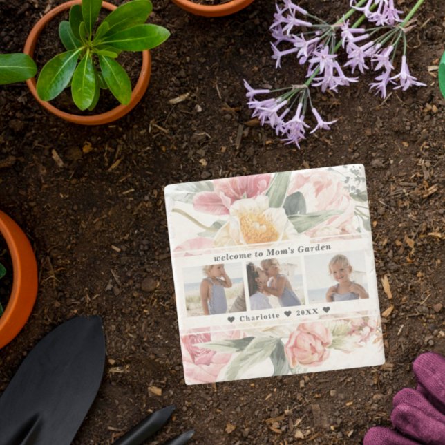 Mom's Garden Stone | Floral Three Photo Collage Coaster (Creator Uploaded)