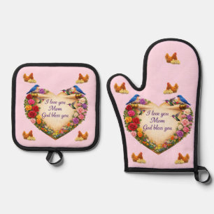 Mom's Heart & Chicken Oven Mitt & Pot Holder Set