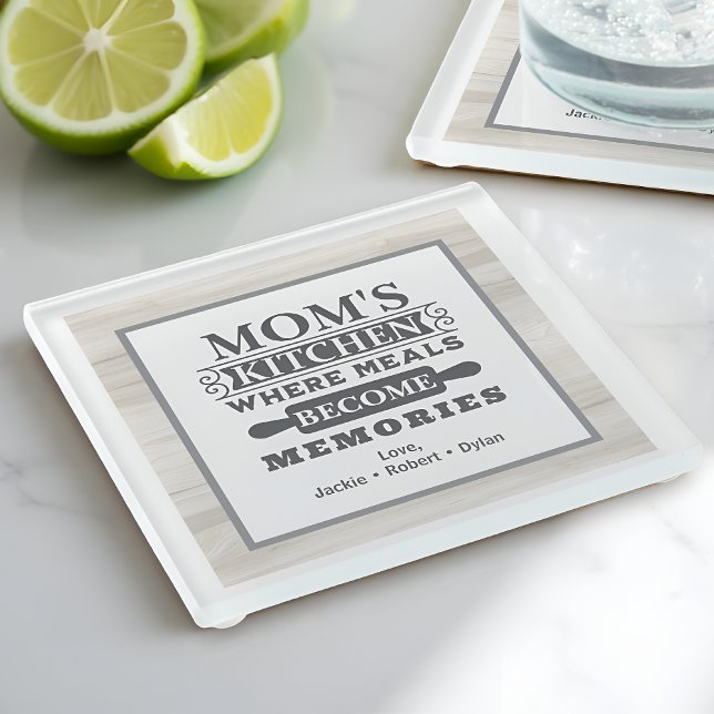 Mom's Meals Become Memories Rustic Kitchen Glass Coaster (Creator Uploaded)