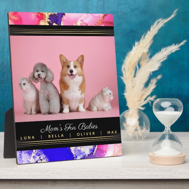 Mom's Pets Name Photo Template Pink Abstract Plaque (Side)