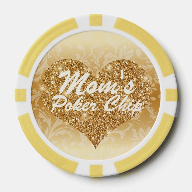 Mom's Poker Chip Gold Faux Glitter Heart Floral (Front)