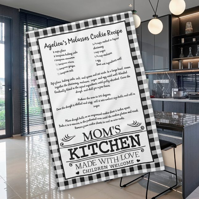 Mom's  Recipe Black White Farmhouse Buffalo Plaid Kitchen Towel (Creator Uploaded)