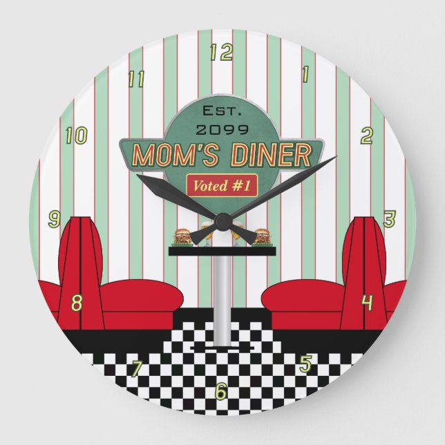 Mom's Retro Diner with Burgers & Beer Large Clock (Front)