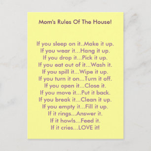Mom's Rules Of The House Postcard