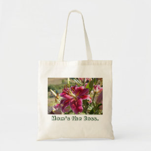 Mom's the Boss Tote Bags Pink Lily Flowers custom