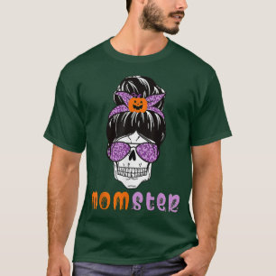 Momster Halloween Costume Skull Mom Messy Hair Bun T-Shirt