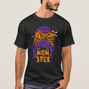 Momster Messy Bun Hair Skull Witch Spider Hallowee T-Shirt