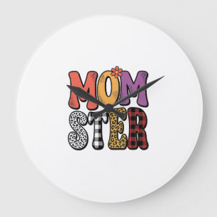 Momster Vintage Mom Leopard Plaid Typography Desig Large Clock