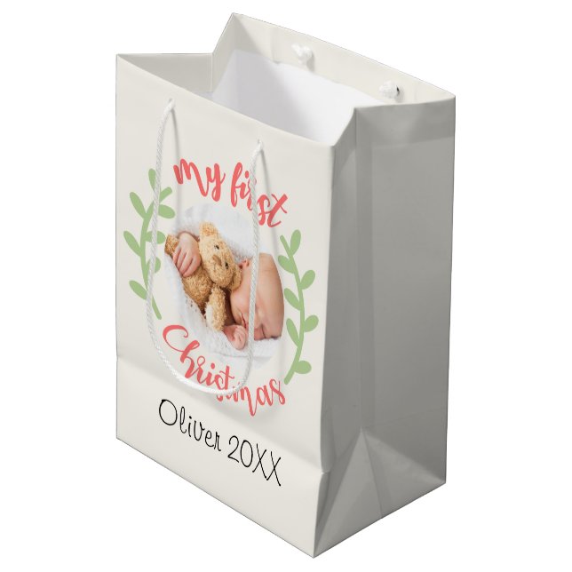 Mon 1er Noël Baby Name PHOTO Wreath Cadeau Sacs (Devant Angle)
