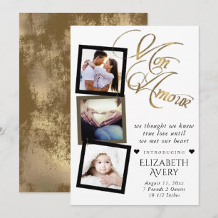 Mon Amour Gold Grunge Foil Baby Birth 3 Photo Announcement