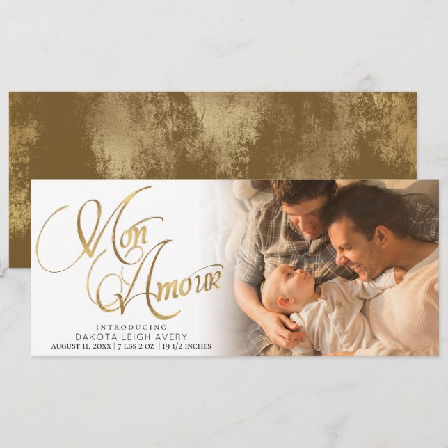 Mon Amour | Gold Grunge Foil New Baby Birth Photo Announcement (Front/Back)