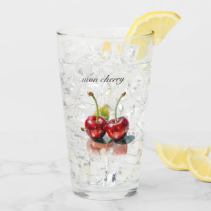 Mon Cherry, two cherries watercolor customizable Glass