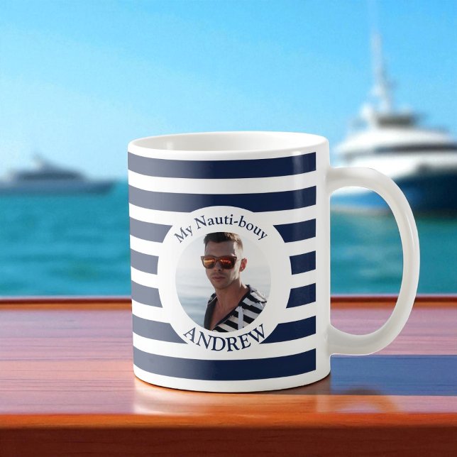 Mon Nauti-bouy Navy Blue Striped Photo Mug (Créateur téléchargé)