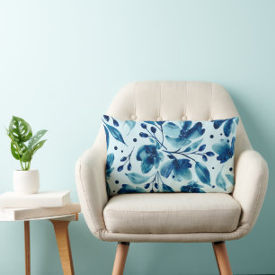 Mona Blues Modern Watercolor Floral Reversible Lumbar Pillow