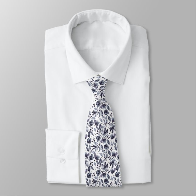 Mona Grey and White Modern Floral Designer Tie (Tied)