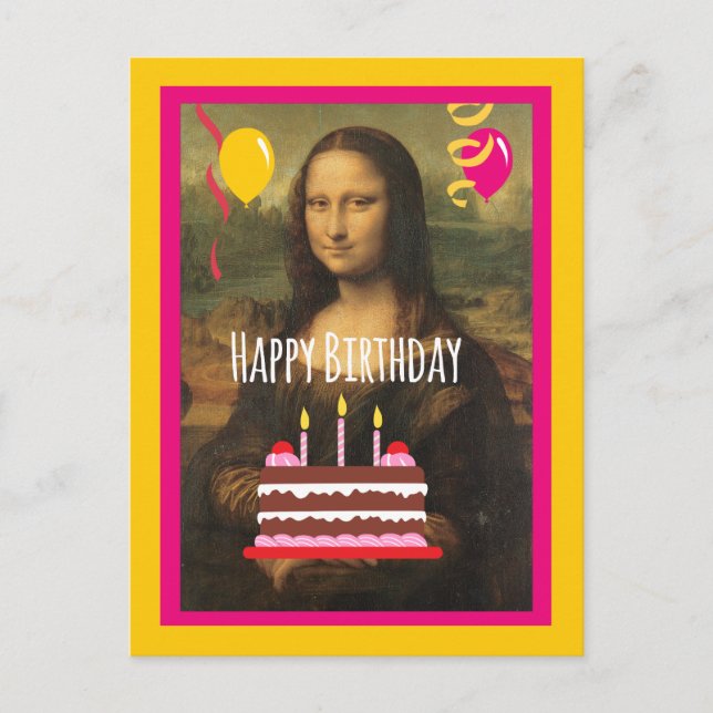 Mona Lisa Birthday With Cake and Balloons Postcard (Front)