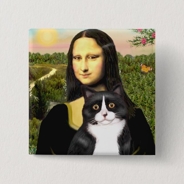 Mona Lisa - black and white cat 2 Inch Square Button (Front)