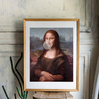 Mona Lisa blowing a gray bubble gum