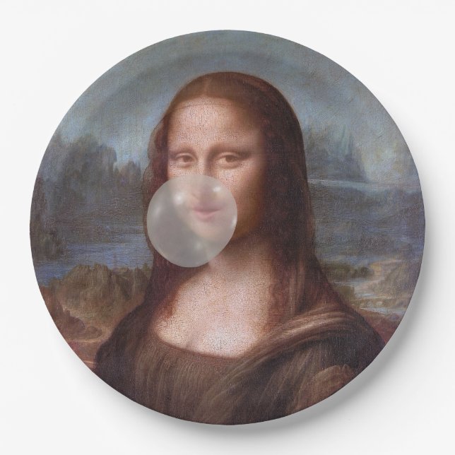 Mona Lisa blowing gray bubble gum Paper Plate (Front)