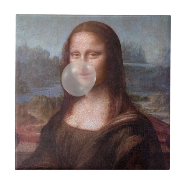 Mona Lisa blowing gray bubble gum Tile (Front)