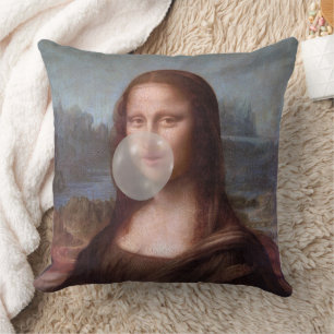 Mona Lisa blowing large bubble gum Throw Pillow