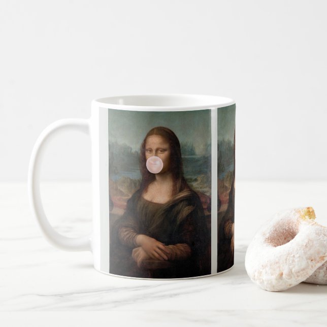 Mona Lisa Blowing Pink Bubble gum  Coffee Mug (With Donut)