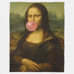 Mona Lisa Blowing Pink Bubble Gum Fleece Blanket