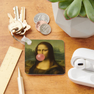 Mona Lisa Blowing Pink Bubble Gum Keychain