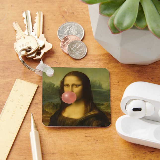 Mona Lisa Blowing Pink Bubble Gum Keychain (Desk)
