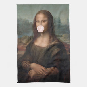 Mona Lisa Blowing Pink Bubble gum   Kitchen Towel