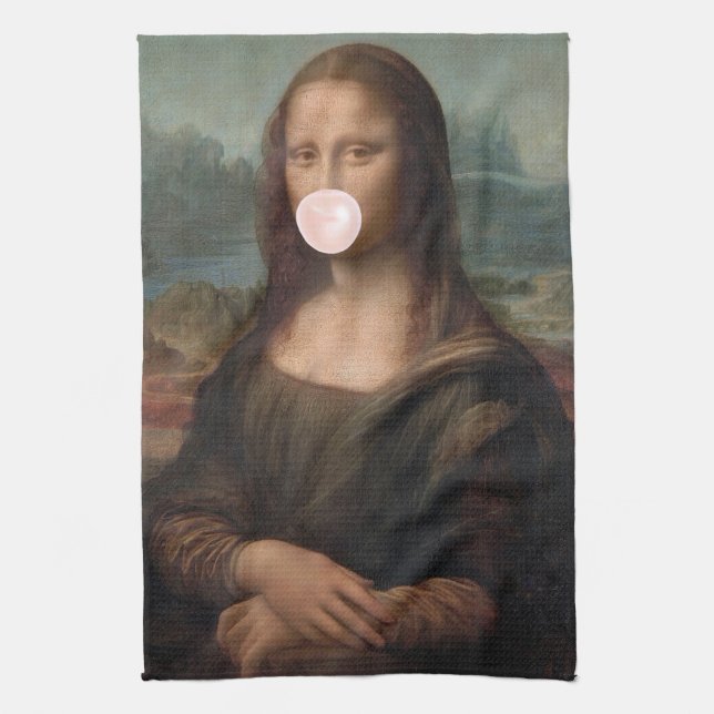 Mona Lisa Blowing Pink Bubble gum    Kitchen Towel (Vertical)