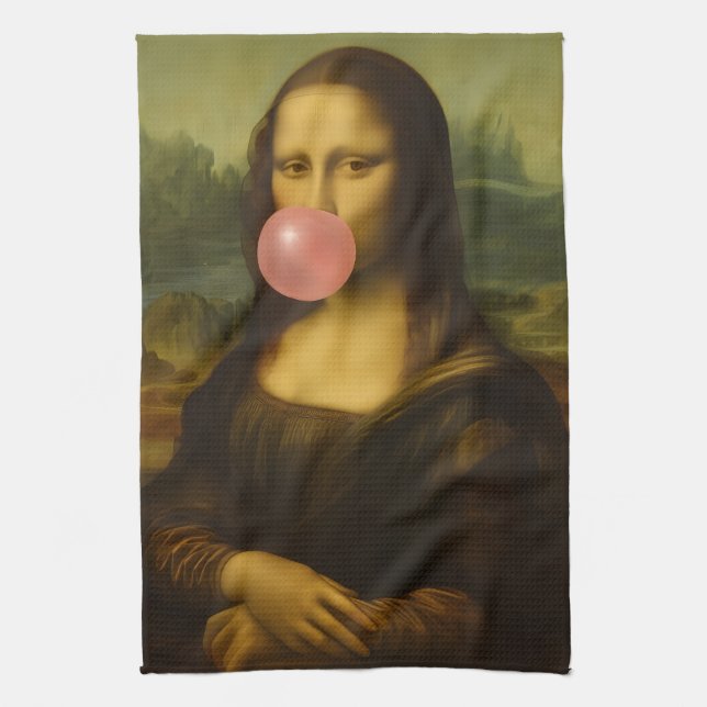 Mona Lisa Blowing Pink Bubble Gum Kitchen Towel (Vertical)