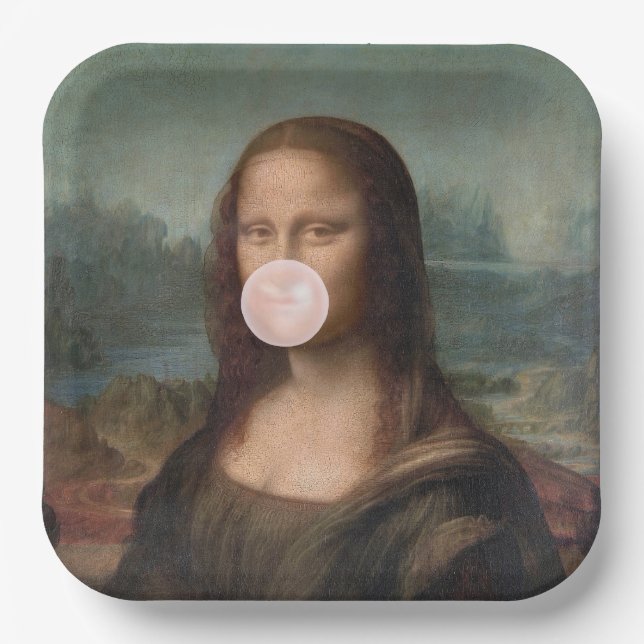 Mona Lisa Blowing Pink Bubble gum  Paper Plate (Front)