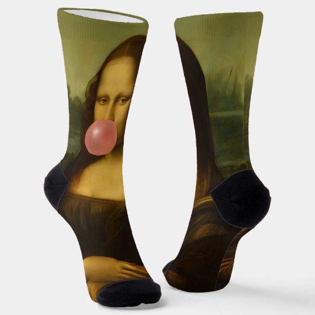 Mona Lisa Blowing Pink Bubble Gum Socks (Angled)