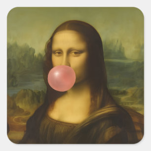 Mona Lisa Blowing Pink Bubble Gum Square Sticker