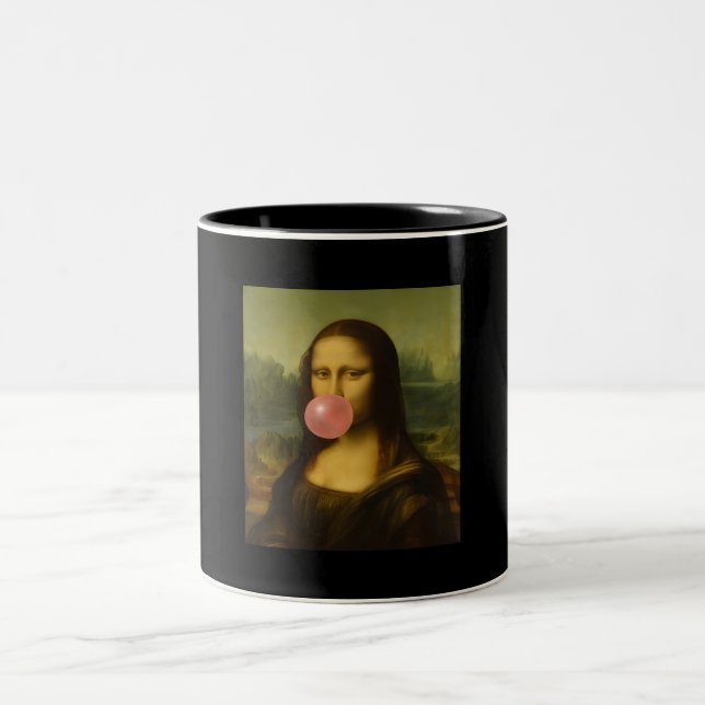 Mona Lisa Blowing Pink Bubble Gum Two-Tone Coffee Mug (Center)
