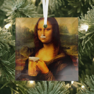 Mona Lisa drinking beer, Beer lover  Glass Ornament