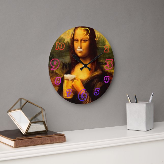 Mona Lisa drinking beer Beer lover Large Clock (Office)
