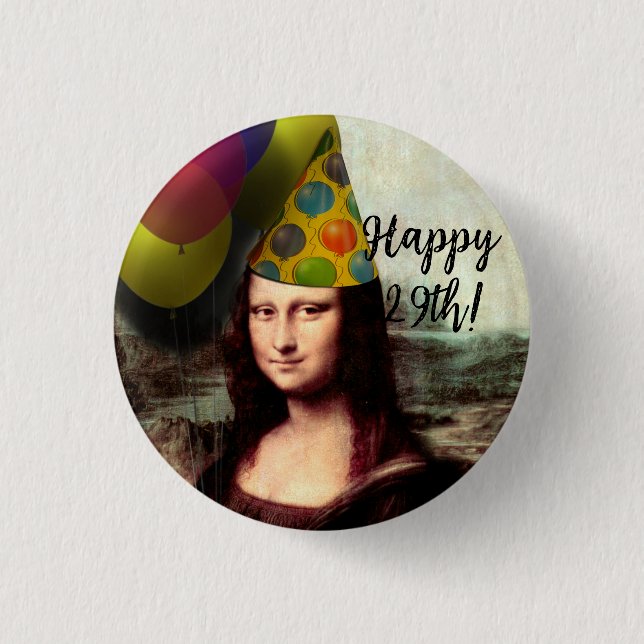 Mona Lisa Happy Birthday Party Hat 1 Inch Round Button (Front)