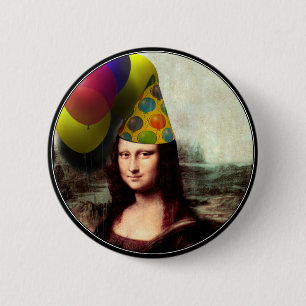 Mona Lisa Happy Birthday Party Hat 2 Inch Round Button