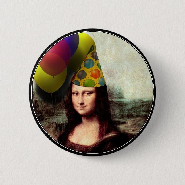 Mona Lisa Happy Birthday Party Hat 2 Inch Round Button (Front)